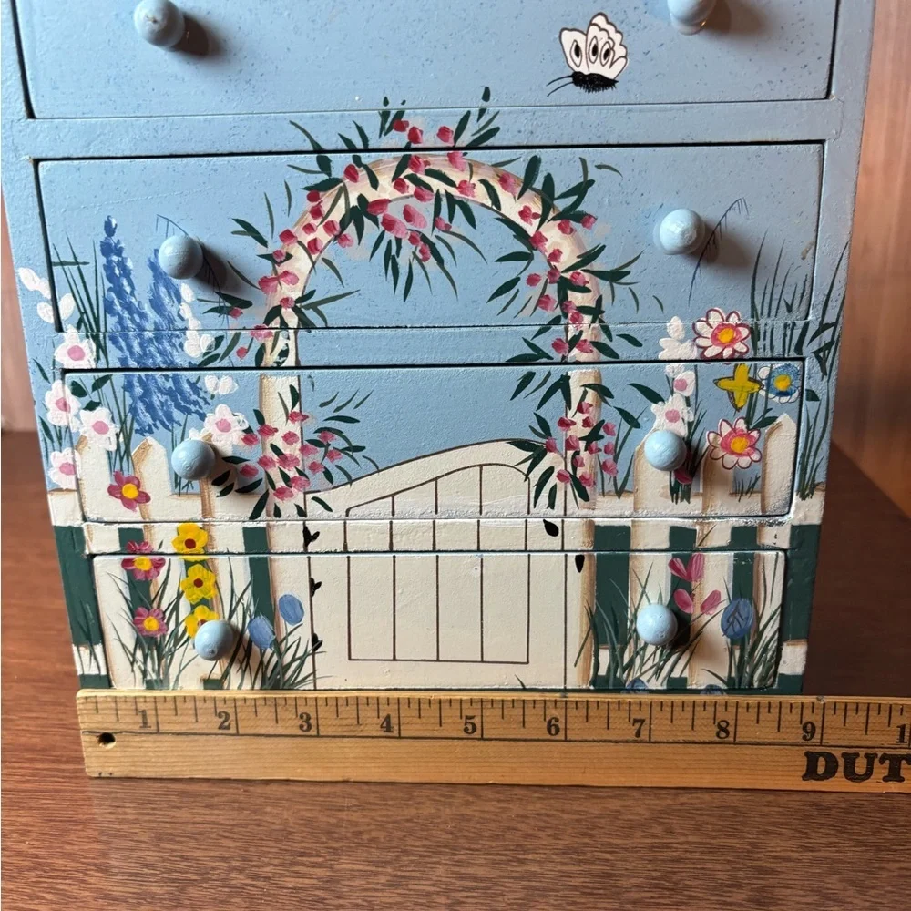 Vintage Gorgeous Hand-Painted Floral Garden Jewelry Chest - Blue